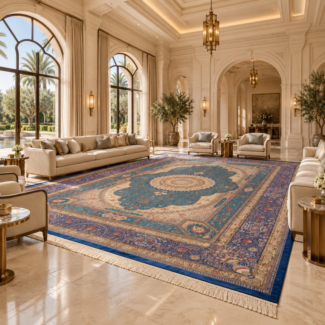 AI-generated interior visualization — MW-HM-0741; rug 686 x 494 cm. Illustrative setting, not a customer project or measurement.