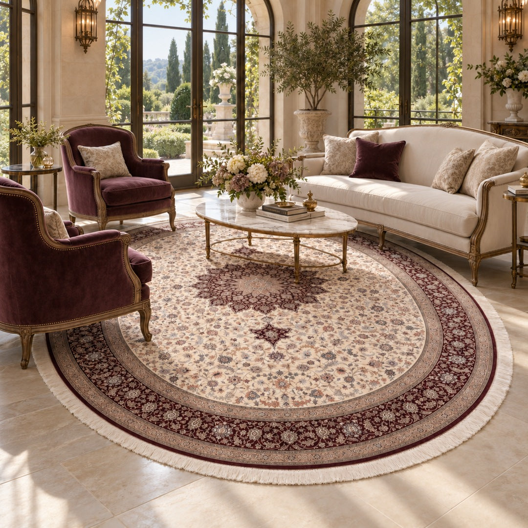 AI-generated interior visualization — MW-HM-0788; rug 348 x 245 cm. Illustrative setting, not a customer project or measurement.