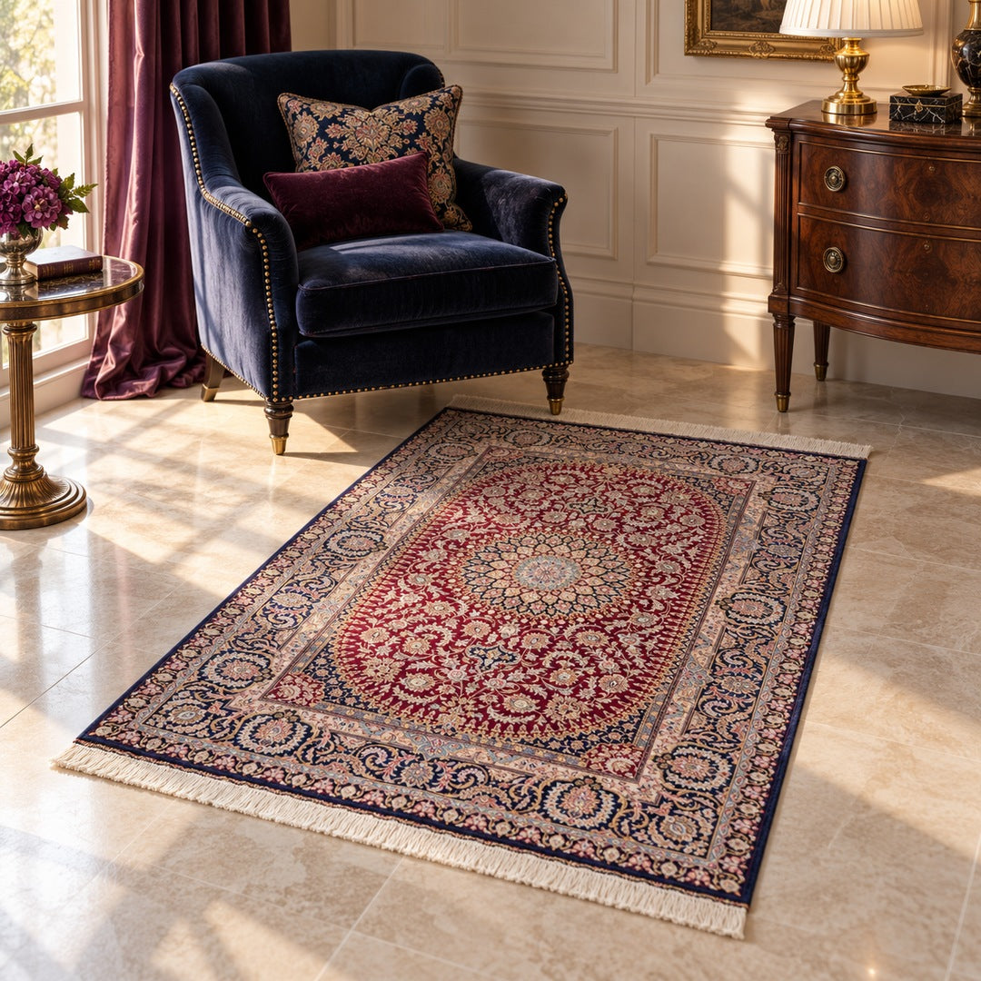 AI-generated interior visualization — MW-HM-0811; rug 150 x 100 cm. Illustrative setting, not a customer project or measurement.
