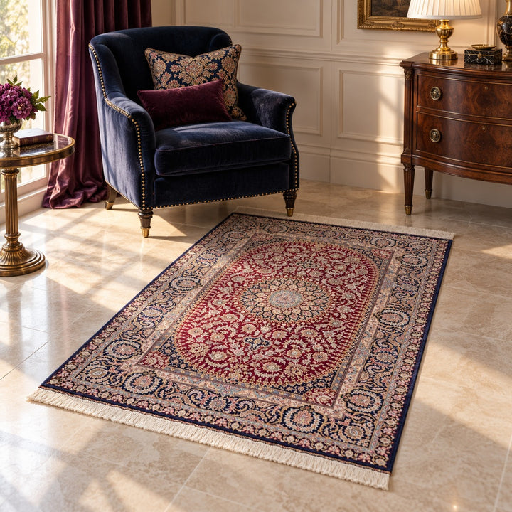 AI-generated interior visualization — MW-HM-0811; rug 150 x 100 cm. Illustrative setting, not a customer project or measurement.
