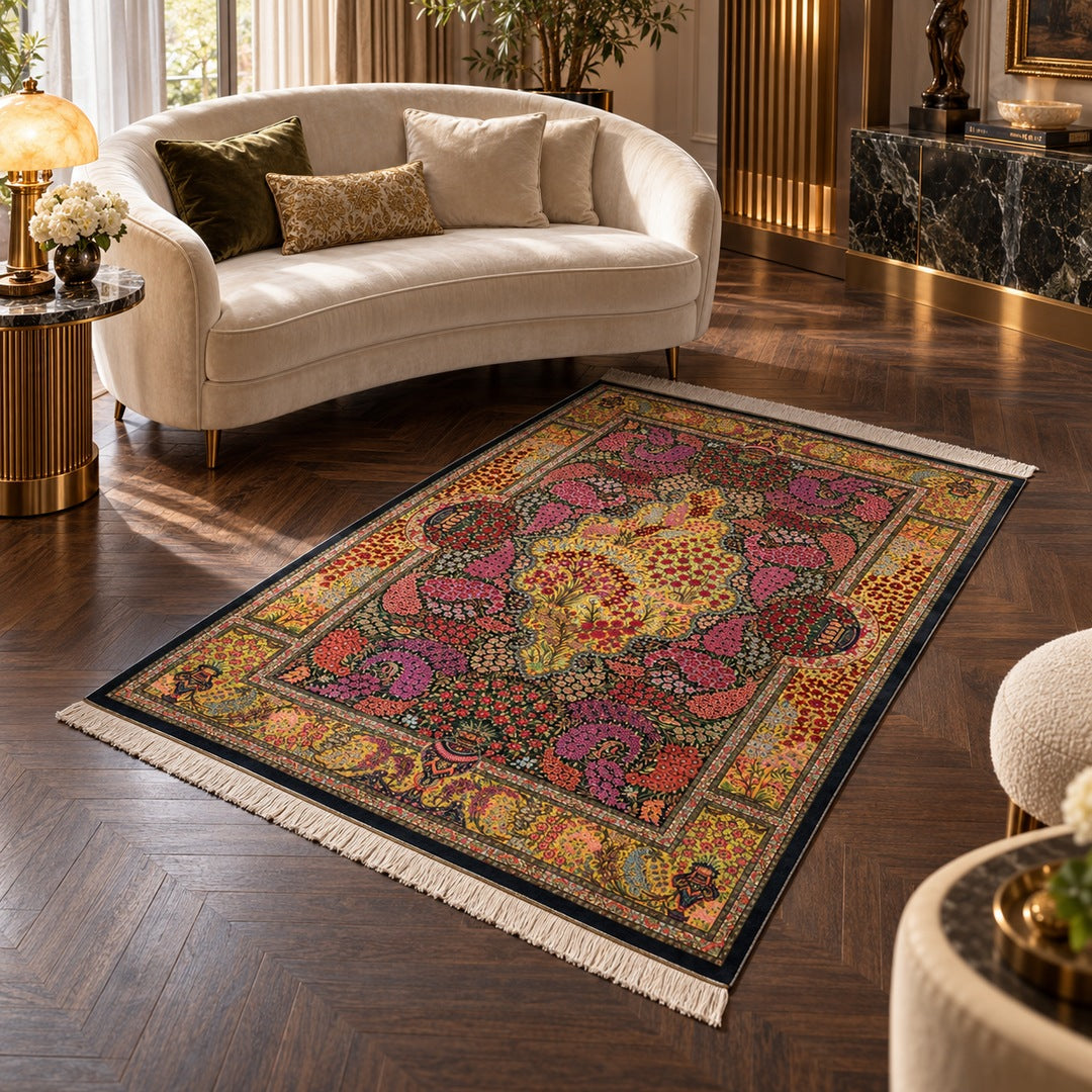 AI-generated interior visualization — MW-HM-0846; rug 205 x 130 cm. Illustrative setting, not a customer project or measurement.