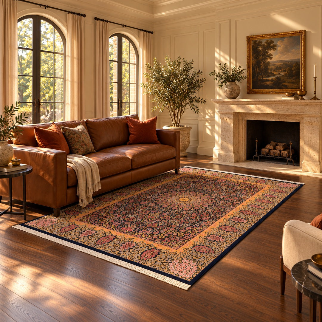 AI-generated interior visualization — MW-HM-0873; rug 250 x 154 cm. Illustrative setting, not a customer project or measurement.