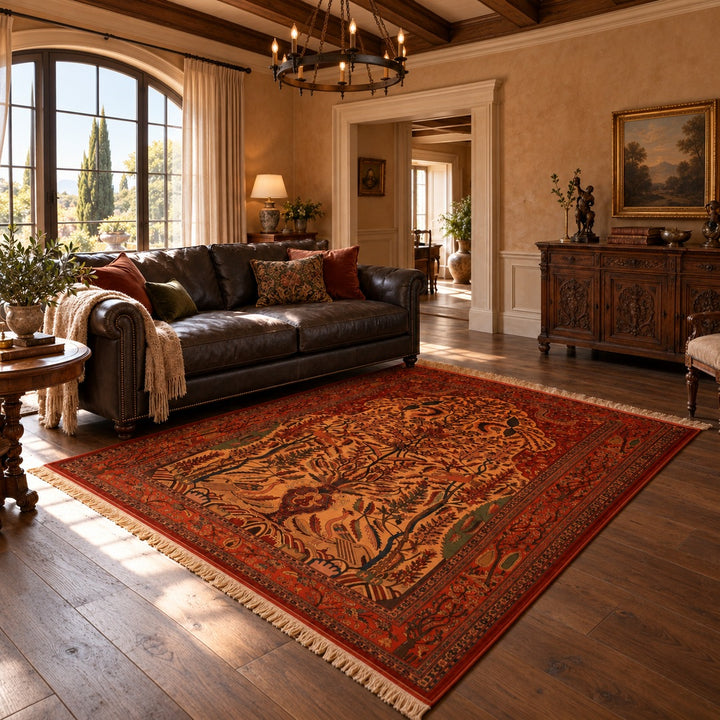 AI-generated interior visualization — MW-HM-0940; rug 297 x 222 cm. Illustrative setting, not a customer project or measurement.