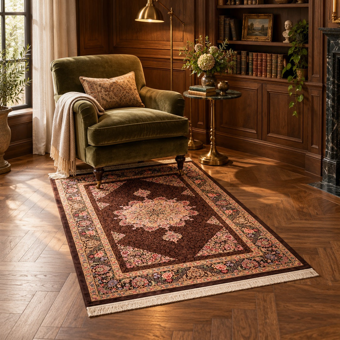 AI-generated interior visualization — MW-HM-0942; rug 150 x 99 cm. Illustrative setting, not a customer project or measurement.
