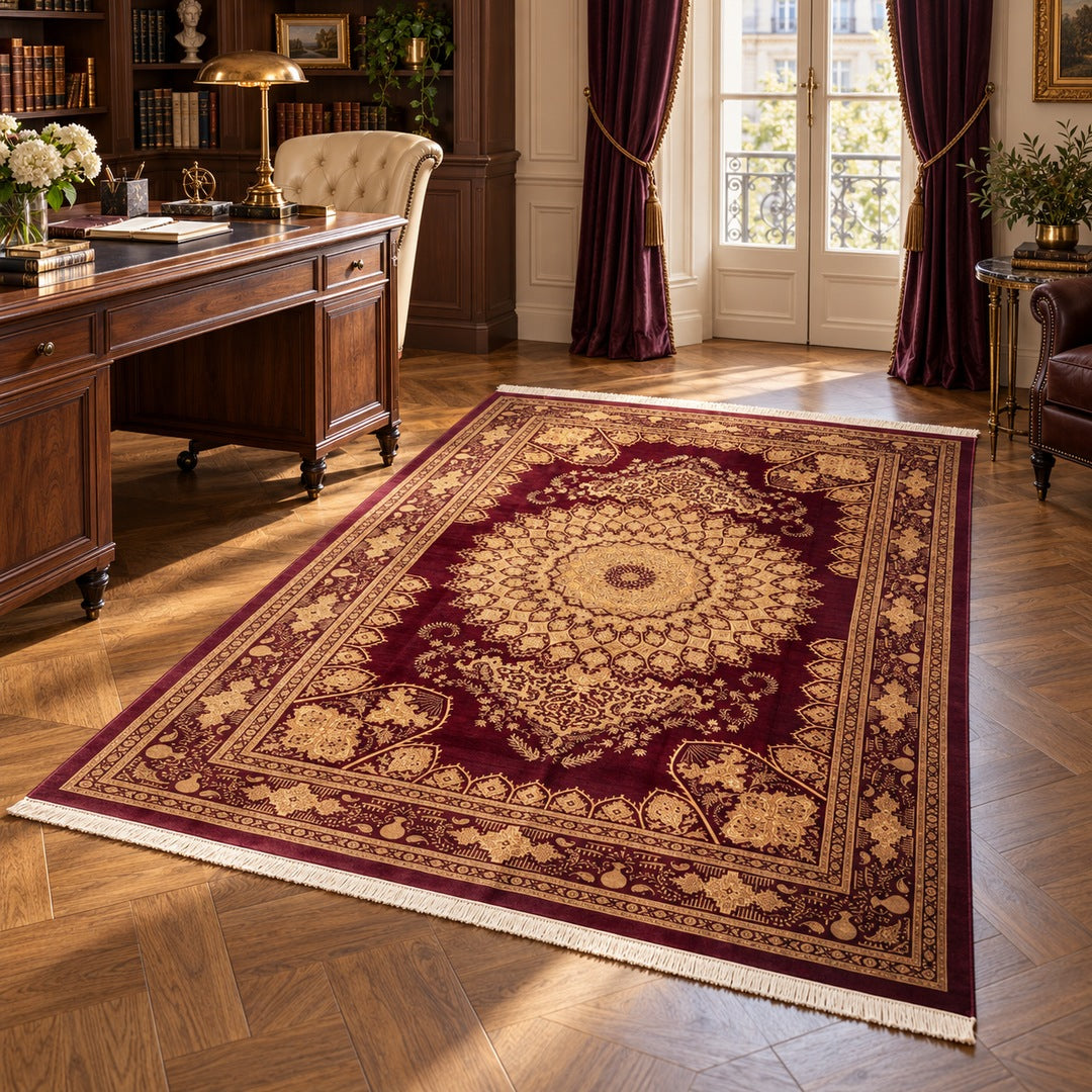 AI-generated interior visualization — MW-HM-0943; rug 235 x 156 cm. Illustrative setting, not a customer project or measurement.