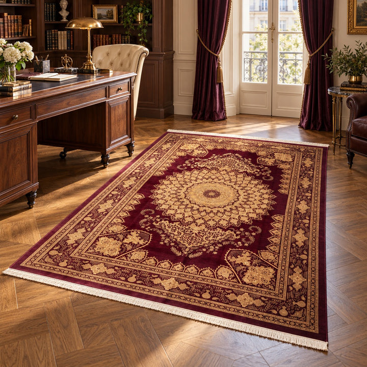 AI-generated interior visualization — MW-HM-0943; rug 235 x 156 cm. Illustrative setting, not a customer project or measurement.