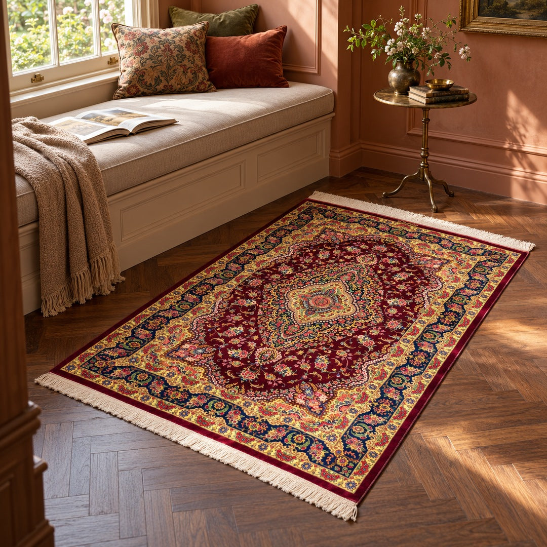 AI-generated interior visualization — MW-HM-0948; rug 150 x 100 cm. Illustrative setting, not a customer project or measurement.