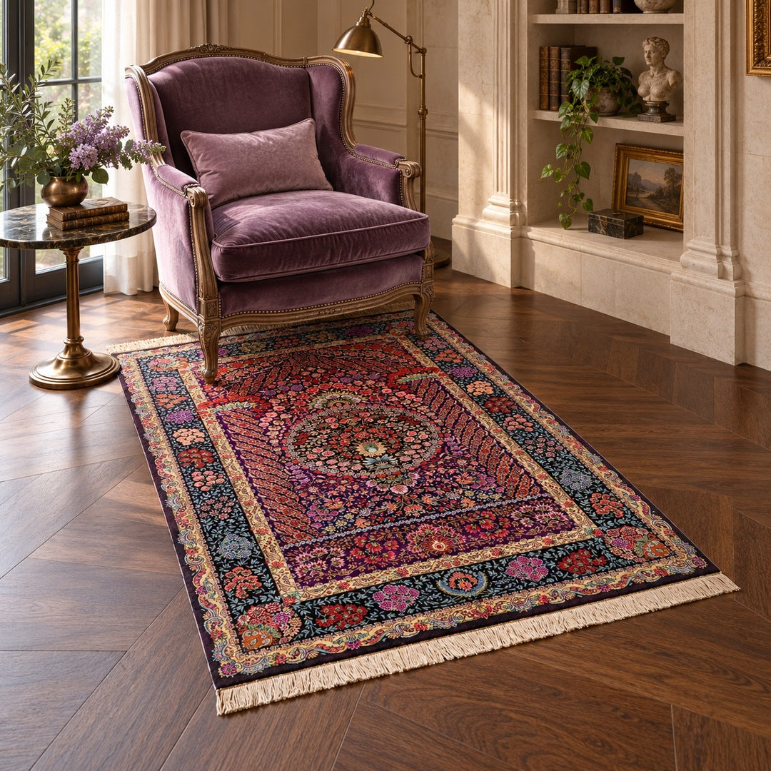 AI-generated interior visualization — MW-HM-0949; rug 148 x 101 cm. Illustrative setting, not a customer project or measurement.