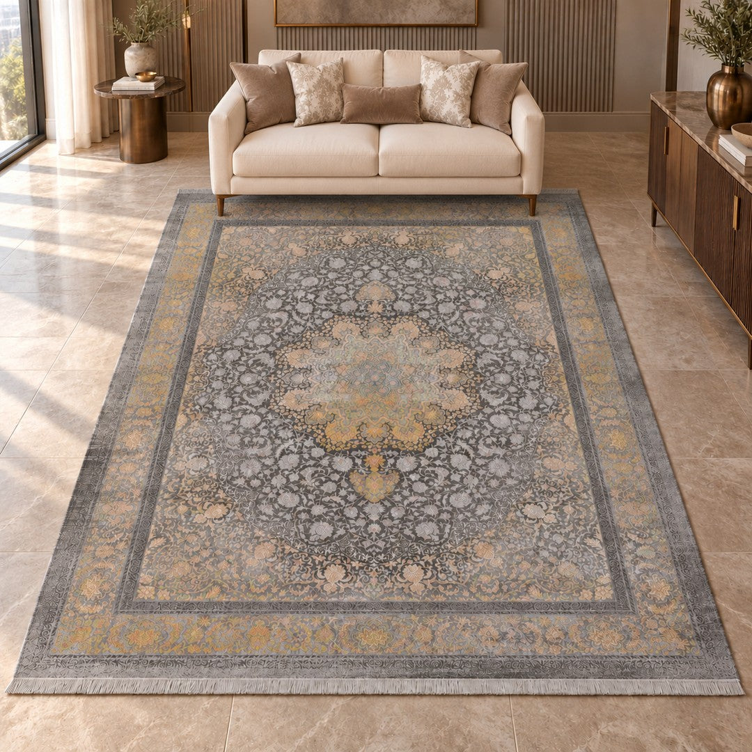 AI-generated interior visualization — Neo Classic Carpet - Ashen Crown, SKU 12RD170-0009, 300 x 200 cm. Illustrative scale.