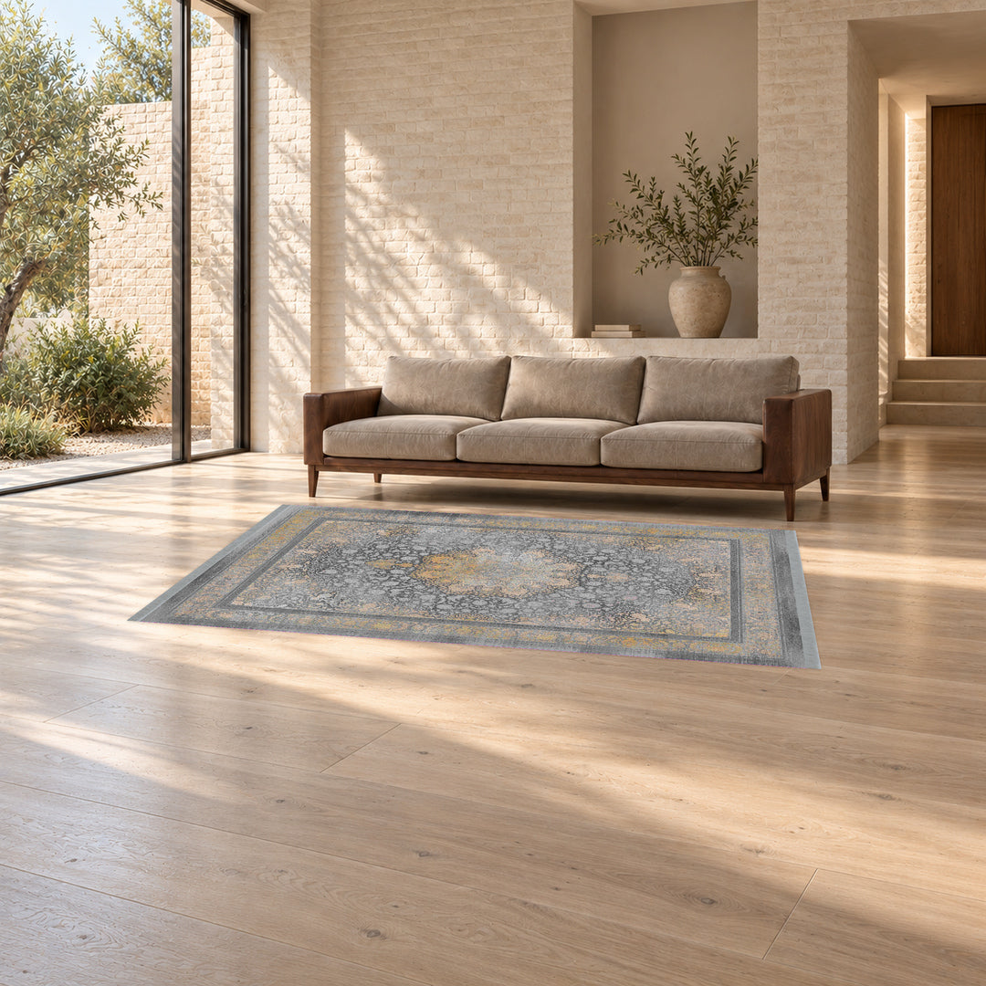 Neo Classic Carpet - Ashen Crown: original rug image digitally staged in a distinct contemporary home; nominal 300 × 200 cm