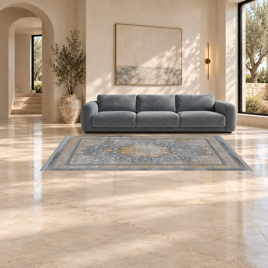 Neo Classic Carpet - Ashen Crown: original rug image digitally staged in a distinct contemporary home; nominal 300 × 200 cm