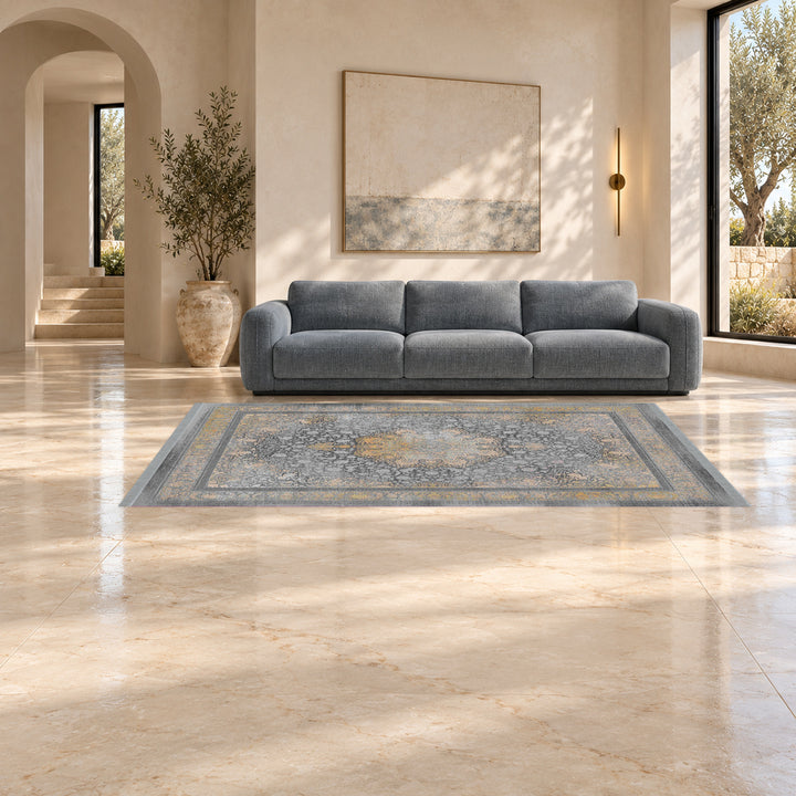 Neo Classic Carpet - Ashen Crown: original rug image digitally staged in a distinct contemporary home; nominal 300 × 200 cm