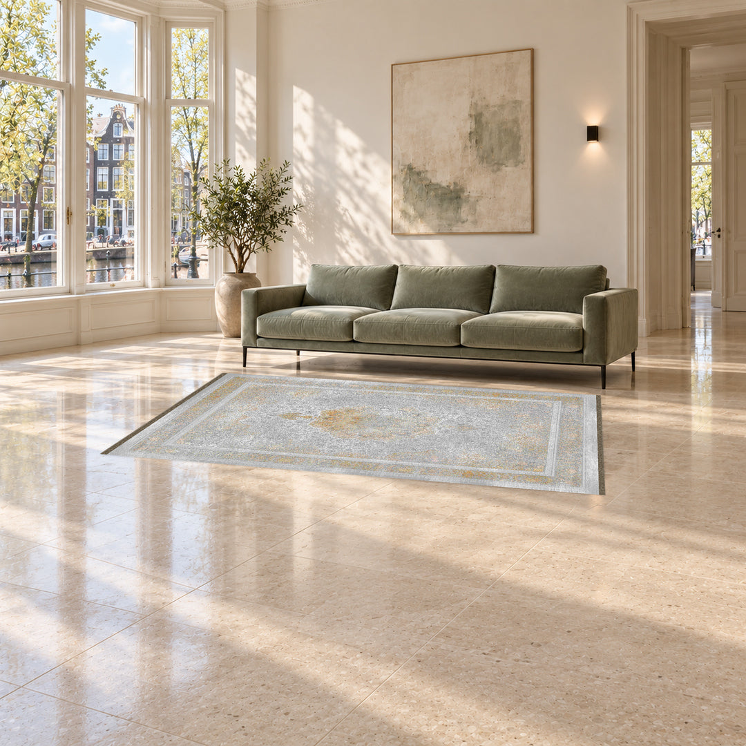 Neo Classic Carpet - Ashen Crown: original rug image digitally staged in a distinct contemporary home; nominal 300 × 200 cm