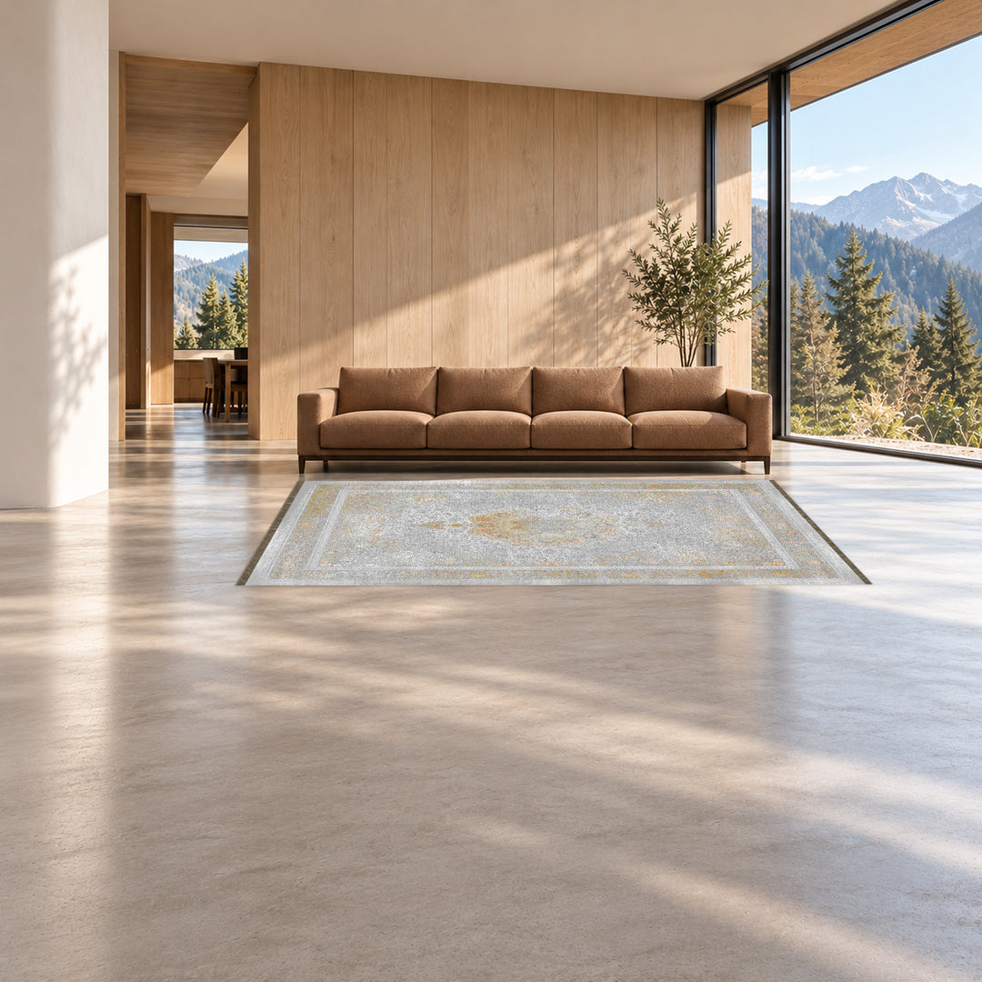 Neo Classic Carpet - Ashen Crown: original rug image digitally staged in a distinct contemporary home; nominal 300 × 200 cm