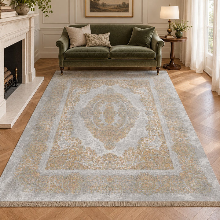 AI-generated interior visualization — Neo Classic Carpet - Janette, SKU 12RD067-0038, rug 300 × 200 cm; illustrative scale.