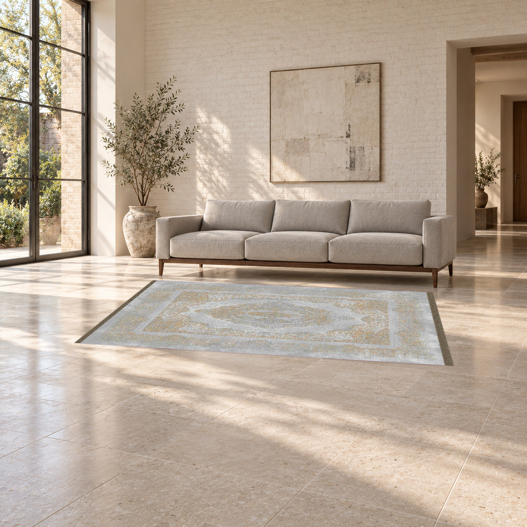 Neo Classic Carpet - Janette: original rug image digitally staged in a distinct contemporary home; nominal 300 × 200 cm