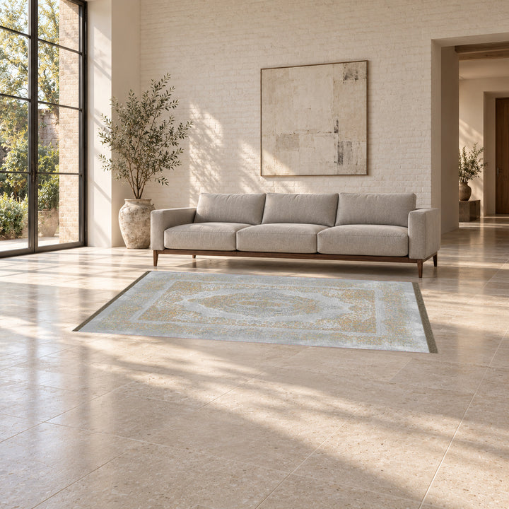 Neo Classic Carpet - Janette: original rug image digitally staged in a distinct contemporary home; nominal 300 × 200 cm