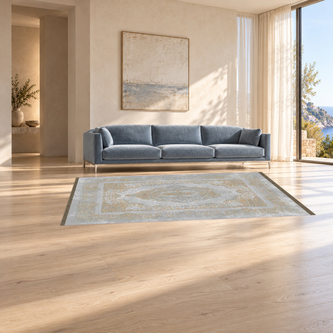 Neo Classic Carpet - Janette: original rug image digitally staged in a distinct contemporary home; nominal 300 × 200 cm