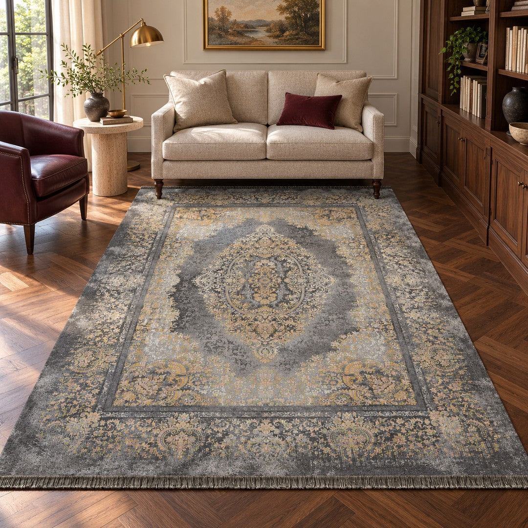 AI-generated interior visualization — Neo Classic Carpet - Janette, SKU 12RD067-0040, rug 300 × 200 cm; illustrative scale.
