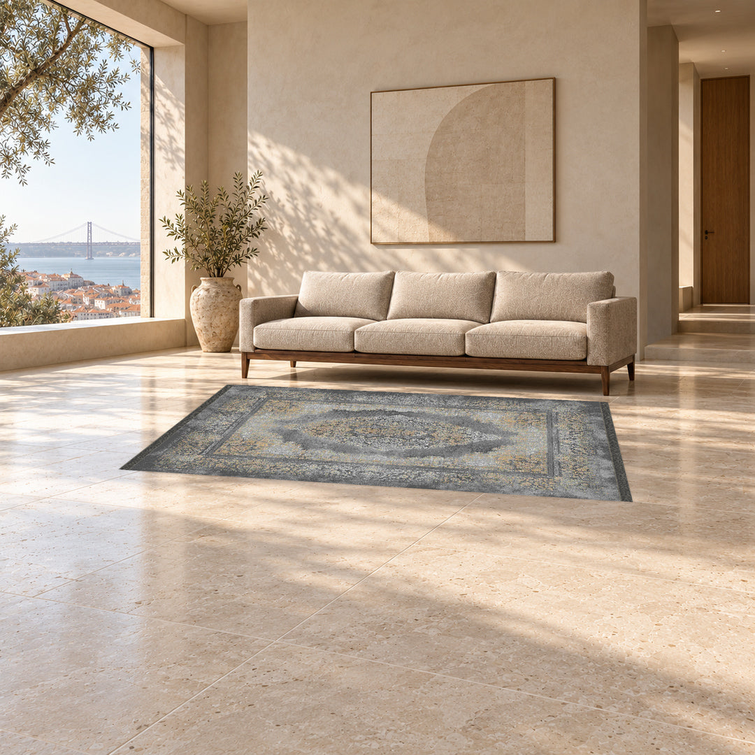 Neo Classic Carpet - Janette: original rug image digitally staged in a distinct contemporary home; nominal 300 × 200 cm