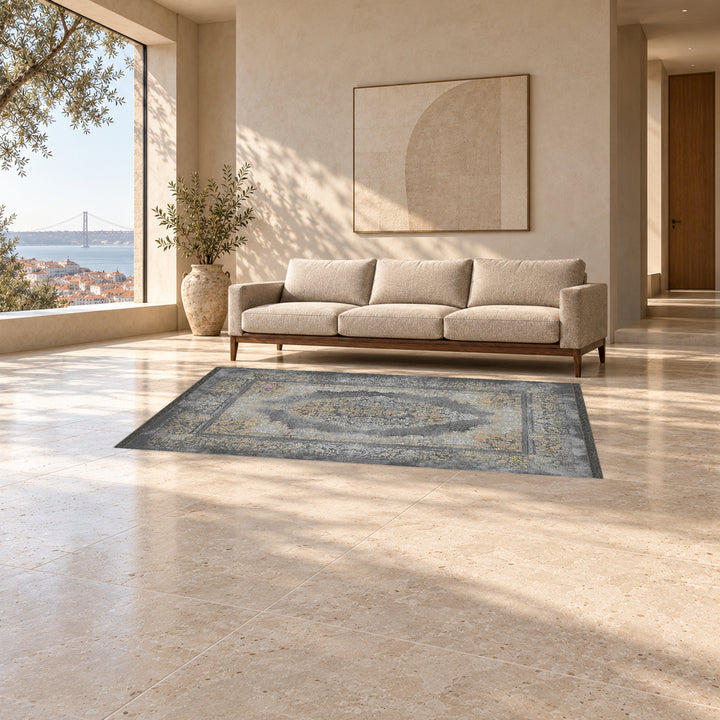 Neo Classic Carpet - Janette: original rug image digitally staged in a distinct contemporary home; nominal 300 × 200 cm