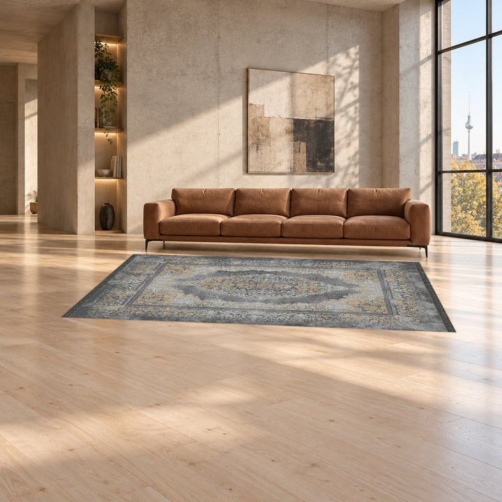 Neo Classic Carpet - Janette: original rug image digitally staged in a distinct contemporary home; nominal 300 × 200 cm