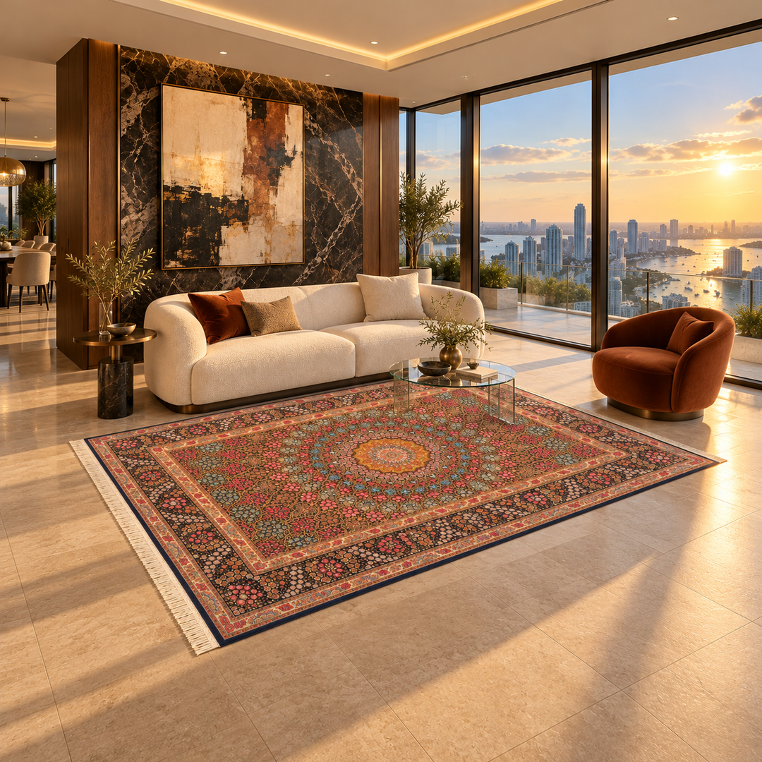 AI-styled lifestyle view of the Obsidian rug in a luxury city-view penthouse; refer to original product photo for exact detail and colour.