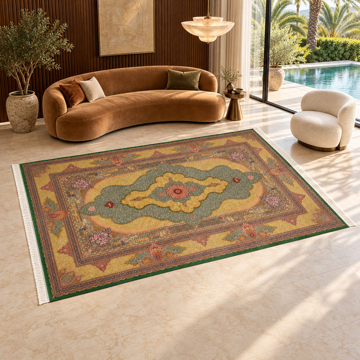 AI-styled lifestyle view of Ancient Dynasty, Almon Green, 300 x 200 cm, in a luxury residence. Refer to the original product photo for exact rug detail and color.
