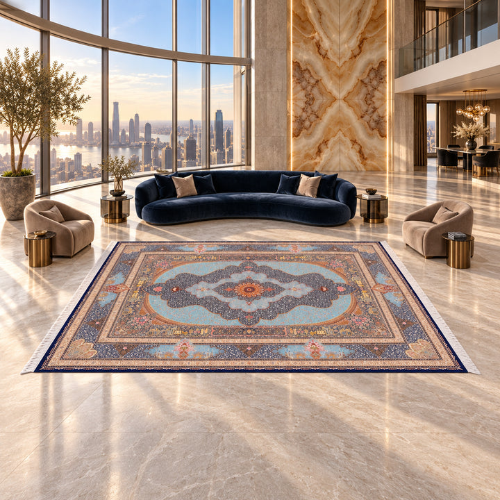 AI-styled lifestyle view of Ancient Dynasty, Turquoise, 400 x 300 cm, in a luxury residence. Refer to the original product photo for exact rug detail and color.