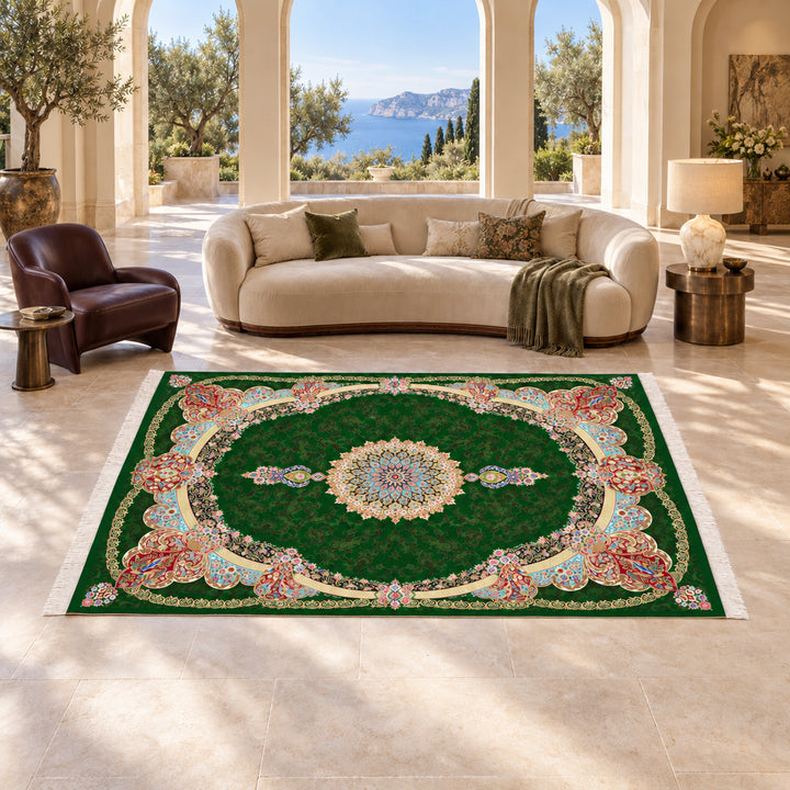 AI-styled lifestyle view of Crimson Bloom, Dark Green, 300 x 200 cm variant, in a luxury residence. Refer to the original product photo for exact rug detail and color.
