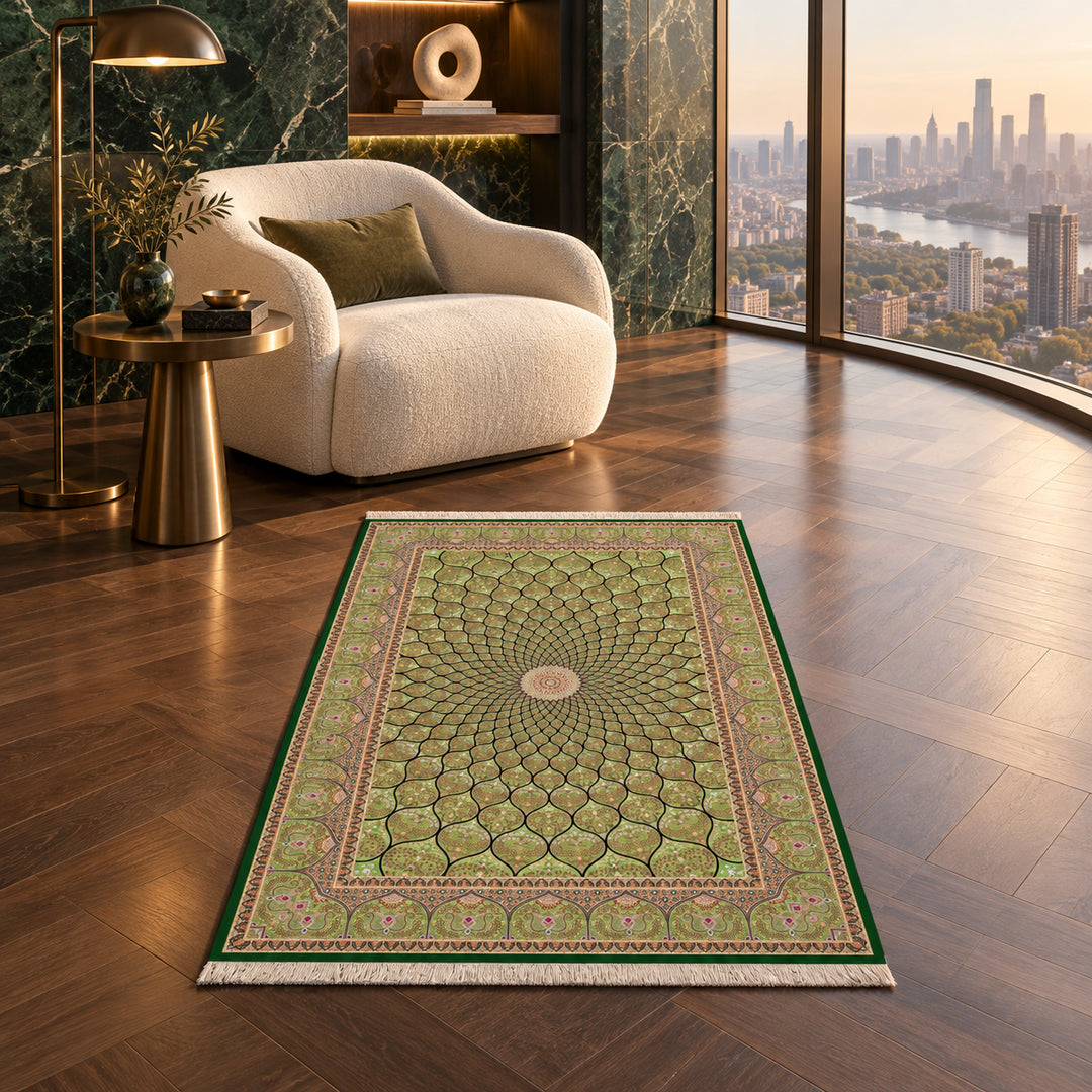 AI-styled lifestyle view of Islamic, Almon Green, 120 x 80 cm, in a luxury residence. Refer to the original product photo for exact rug detail and color.