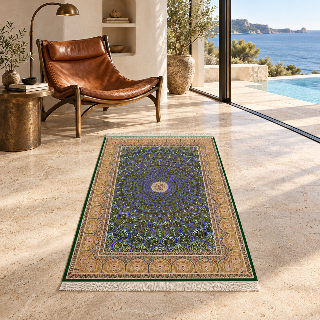 AI-styled lifestyle view of Islamic, Dark Green, 120 x 80 cm, in a luxury residence. Refer to the original product photo for exact rug detail and color.