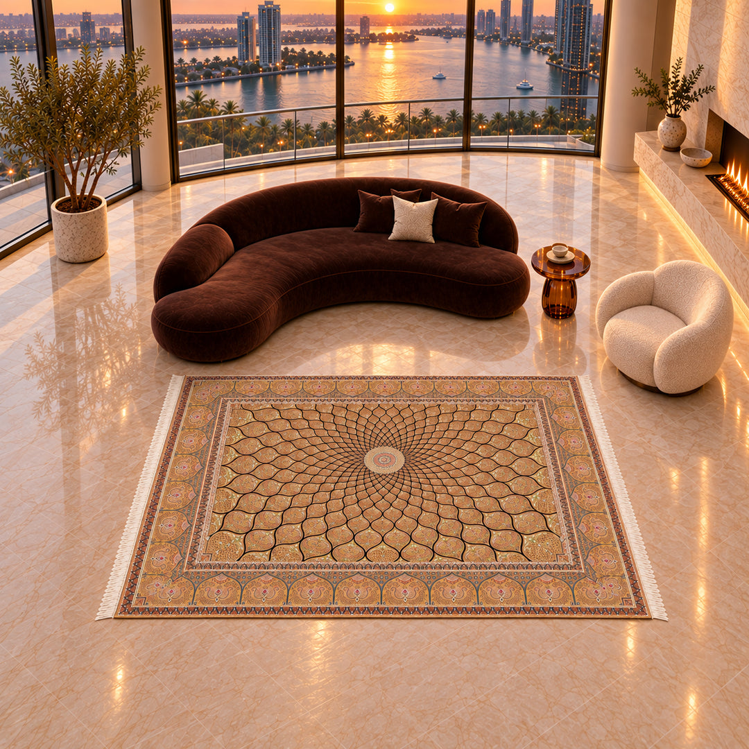AI-styled lifestyle view of Islamic Golden, 300 x 200 cm variant, with proportionate seating in a luxury penthouse. Refer to the original product photo for exact rug detail and color.