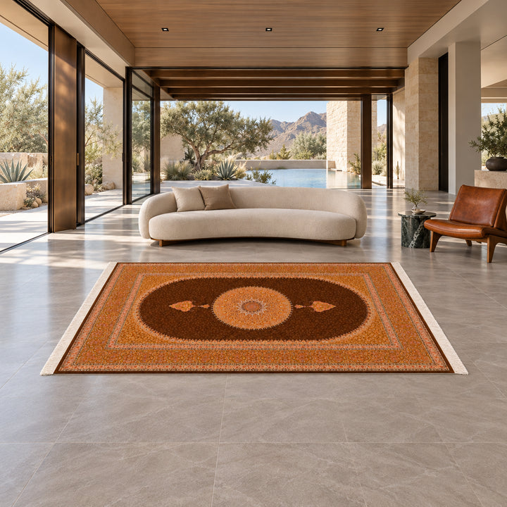 Silk Rug - Heritage Grid (300 x 200 cm): AI-styled lifestyle view in a luxury residence; refer to the original product photo for exact pattern detail and color.