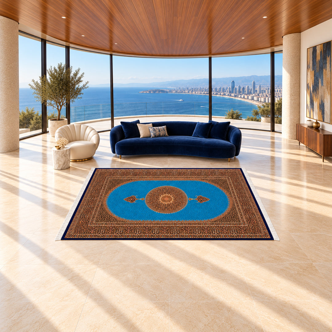 Silk Rug - Heritage Grid (300 x 200 cm, 17RD058-0119): AI-styled lifestyle view in a luxury residence; refer to the original product photo for exact pattern detail and color.
