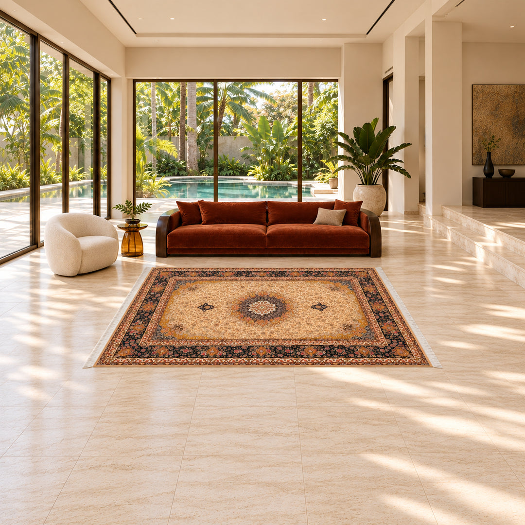 Silk Rug - Central Medallion (300 x 200 cm, 17RD080-0121): AI-styled lifestyle view in a luxury residence; refer to the original product photo for exact pattern detail and color.