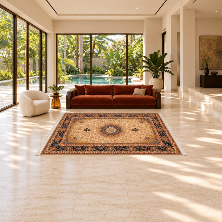 Silk Rug - Central Medallion (300 x 200 cm, 17RD080-0121): AI-styled lifestyle view in a luxury residence; refer to the original product photo for exact pattern detail and color.