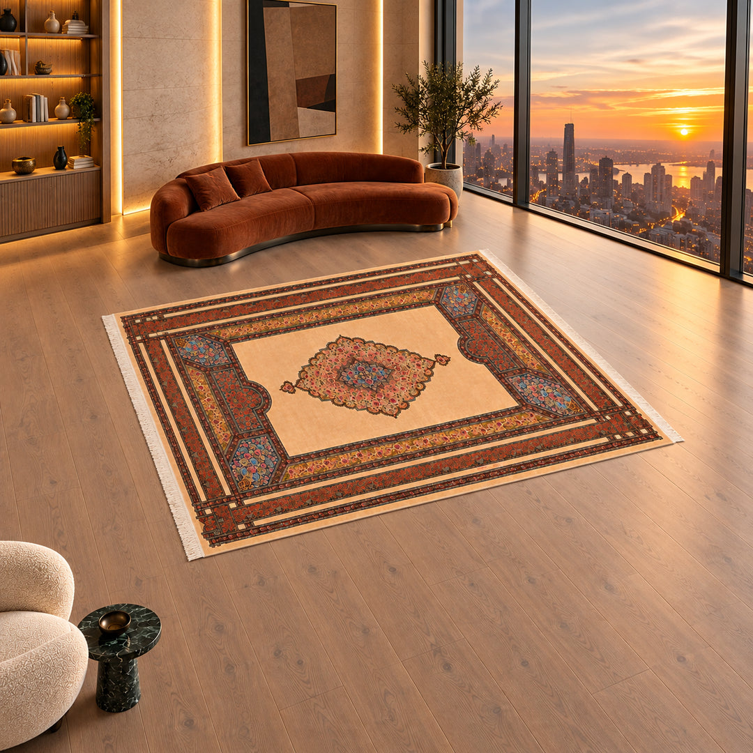 AI-styled lifestyle view of Scarlet Rose (300 x 200 cm); refer to original product photo for exact pattern detail and color.