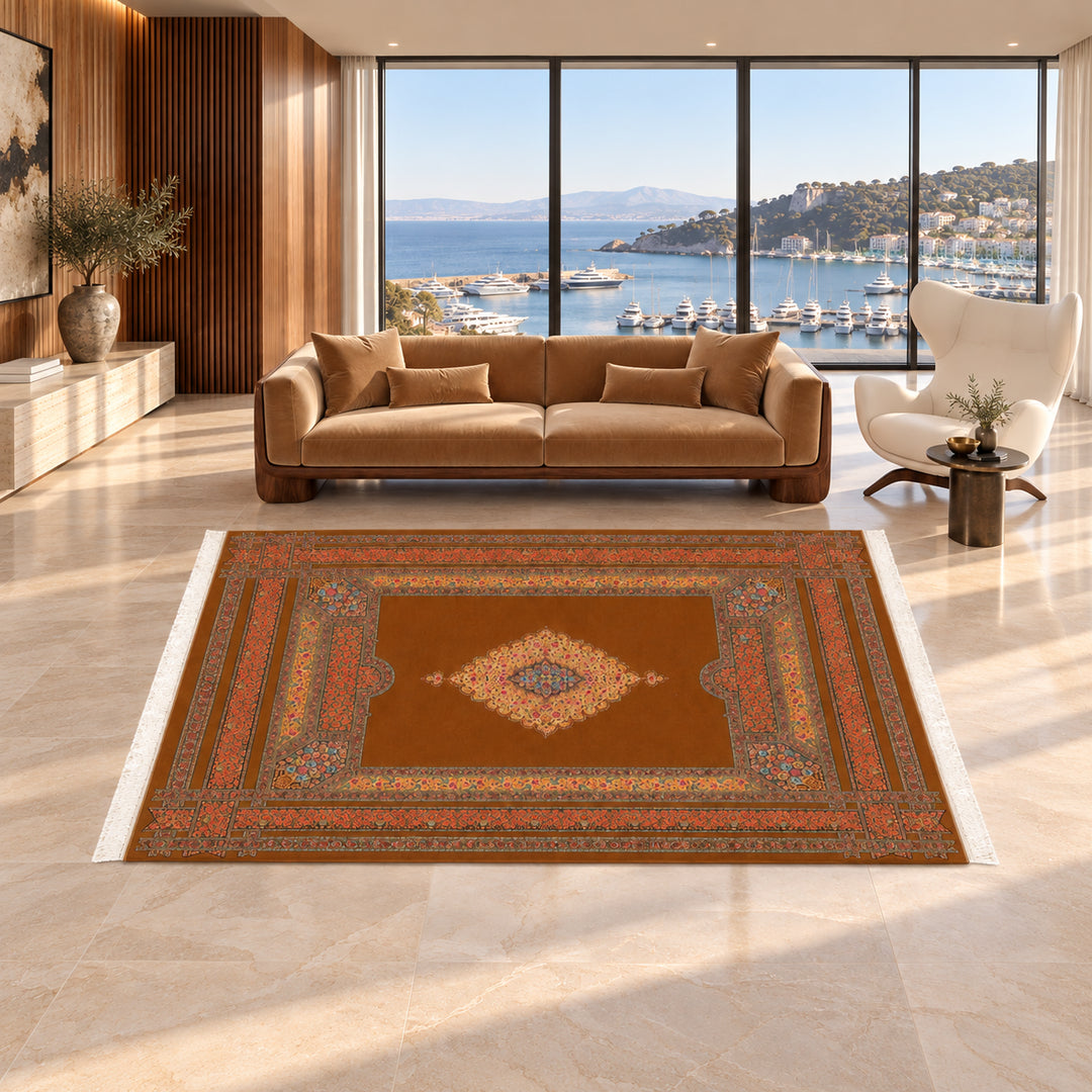 Silk Rug - Scarlet Rose (300 x 200 cm): AI-styled lifestyle view in a luxury residence; refer to the original product photo for exact pattern detail and color.