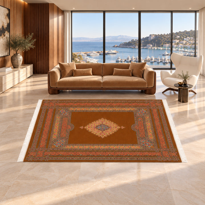 Silk Rug - Scarlet Rose (300 x 200 cm): AI-styled lifestyle view in a luxury residence; refer to the original product photo for exact pattern detail and color.