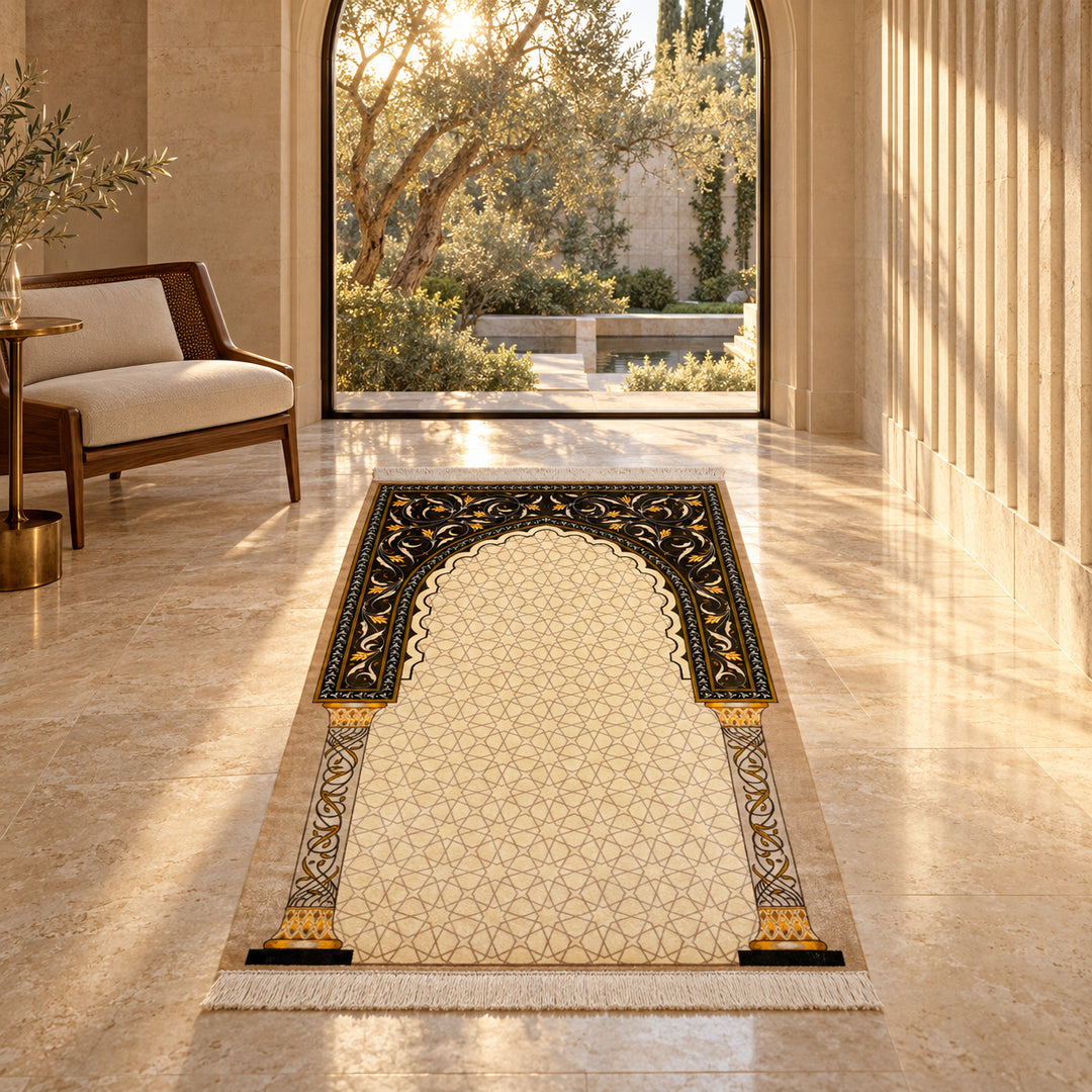 Silk Rug - Silk Dew (120 x 80 cm): AI-styled lifestyle view in a luxury residence; refer to the original product photo for exact pattern detail and color.