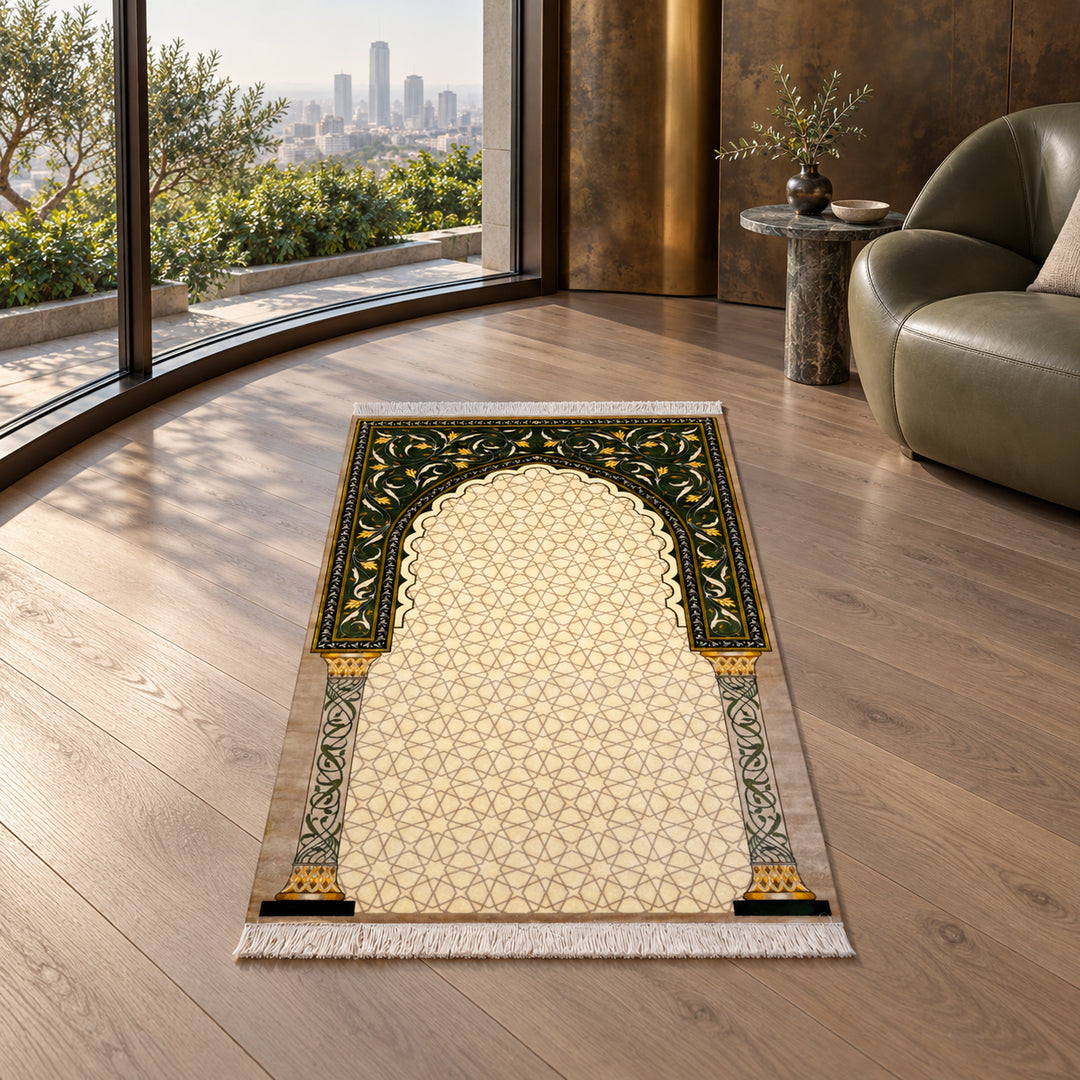 Silk Rug - Silk Dew (120 x 80 cm): AI-styled lifestyle view in a luxury residence; refer to the original product photo for exact pattern detail and color.