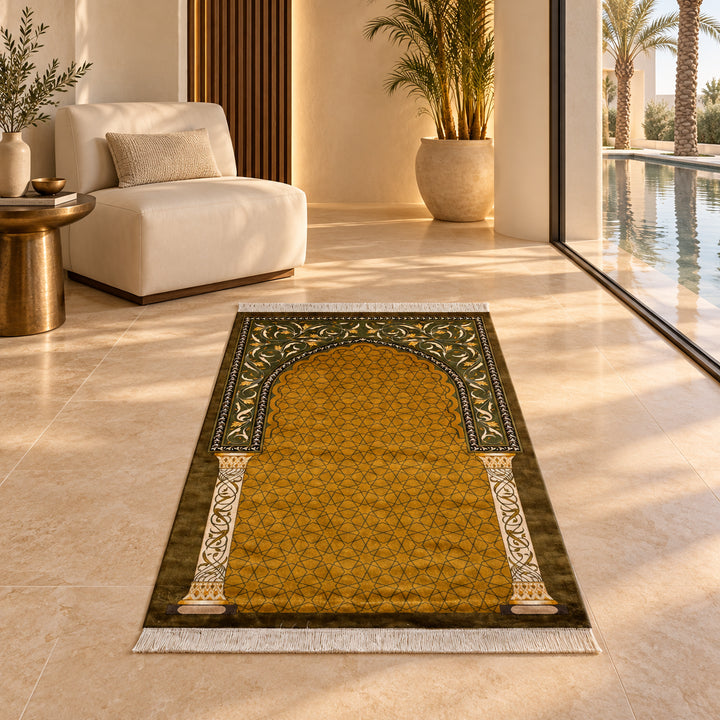 Silk Rug - Silk Dew (120 x 80 cm): AI-styled lifestyle view in a luxury residence; refer to the original product photo for exact pattern detail and color.
