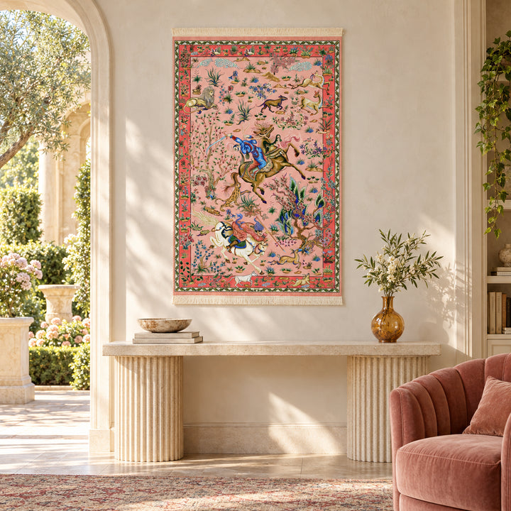 AI-styled lifestyle visualization of Hunting pink Persian Silk pictorial rug, 120 x 80 cm, displayed unframed in a luxury garden villa; refer to original product photo for exact detail.