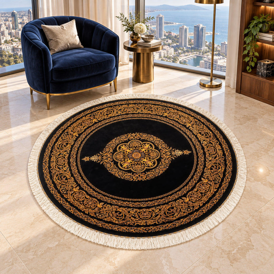 AI-styled lifestyle visualization of Katrin Persian Silk rug, 150 cm diameter, in a luxury penthouse reading nook; refer to original product photo for exact detail.