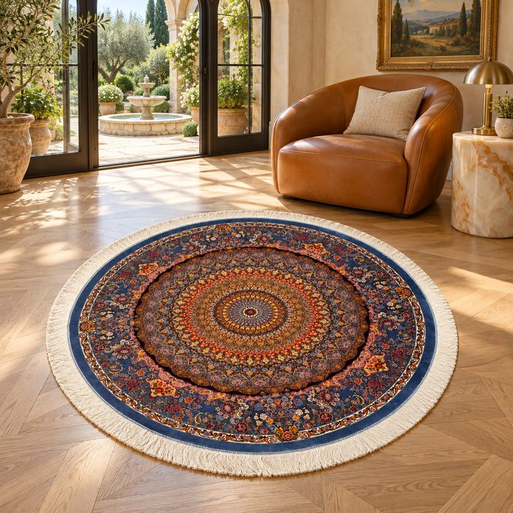 AI-styled lifestyle visualization of Kershme Persian Silk rug, 150 cm diameter, in a luxury garden villa sitting nook; refer to original product photo for exact detail.