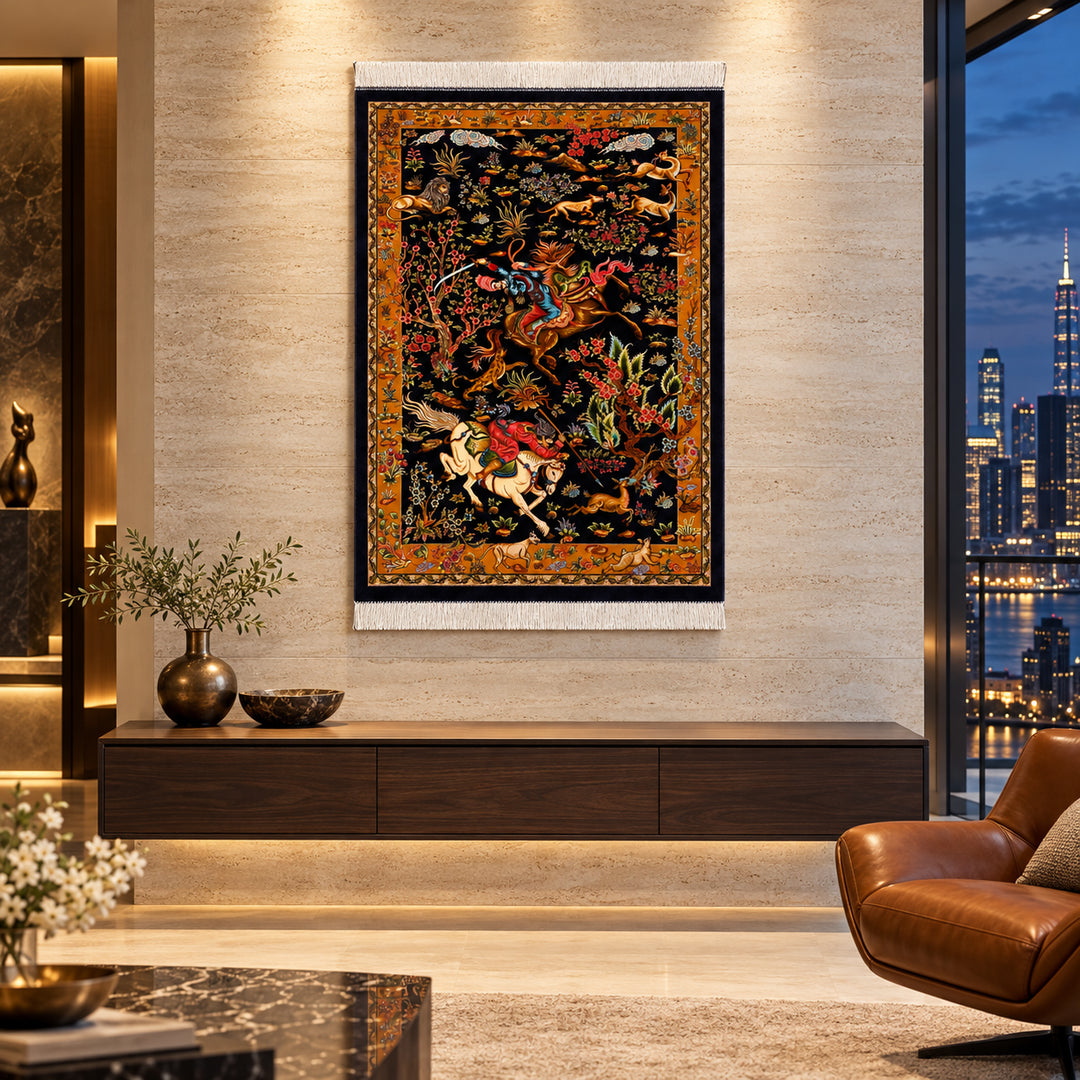 AI-styled lifestyle visualization of Knight Of Crown Persian Silk pictorial rug, 120 x 80 cm, displayed unframed in a luxury penthouse; refer to original product photo for exact detail.