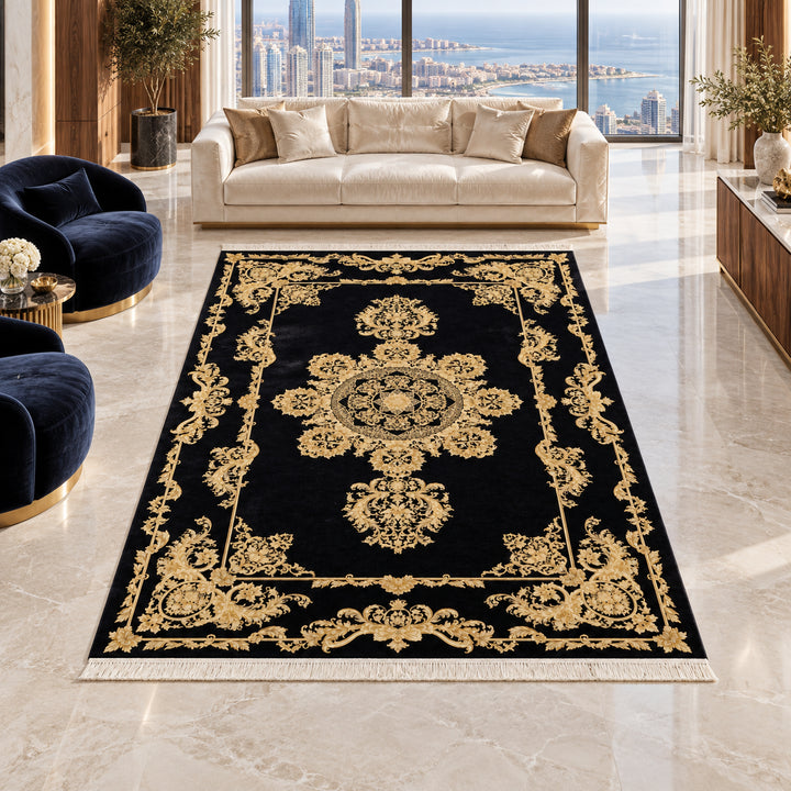 AI-styled lifestyle visualization of Pearl Motion Persian Silk rug, 300 x 200 cm, in a luxury ocean-view penthouse; refer to original product photo for exact detail.