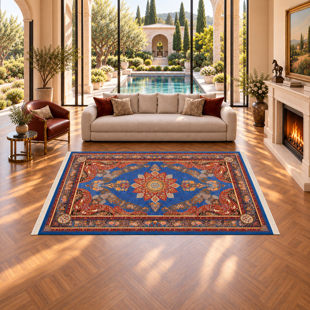 AI-styled lifestyle visualization of Poetic Verse Persian Silk rug, 300 x 200 cm, in a luxury courtyard villa with corrected natural rug and furniture scale; refer to original product photo for exact detail.