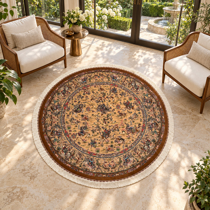 AI-styled lifestyle view of Hunting (Royal Hunt) Persian Silk rug in Beige, circular 150 cm diameter (150 x 150 cm catalog size), shown in a luxurious villa conservatory; original product photograph retained.